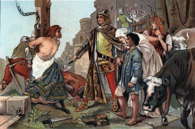 A justiça de Baudouin VII (1092-1119), disse o Conde de Flandres ao machado. Cromolitografia publicitária dos chocolates Antoine, em Bruxelas, no início do século XX. Coleção Particular de Anonymous Anonymous