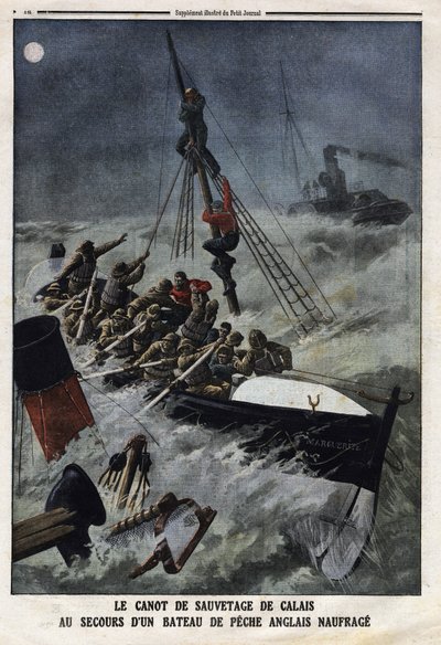O bote salva-vidas de Calais para salvar um barco de pesca inglês a afundando. Gravação no "Le Petite Journal", em 11/02/1912. Colecção privada. de Anonymous Anonymous