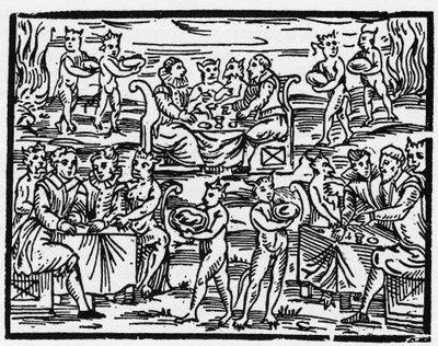 A refeição das bruxas no Sábado - "Compendium Maleficarum", trata das bruxas, do seu mal e das suas faculdades por Francesco Maria Guazzo ou Guaccio ou Guaccius (15?? -16??) 1608 Coleção Privada de Anonymous Anonymous