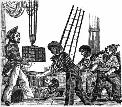 O pirata "Long Ben" John Avery (fez em 1643) carregou três caixas de tesouro (ouro e pedras) no seu navio. Gravação do "O próprio livro pirata" de 1837. de Anonymous Anonymous