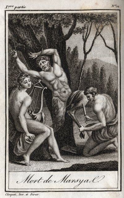O castigo ou morte de Marsyas (O Castigo de Marsyas) é punido por ter desafiado Apolo à lira e é barrado pelo Arqueiro na presença do Rei Midas e das Musas. Gravação de 1819 em "Lettres a Emilie sur la mythologie" de Carlos de Anonymous Anonymous