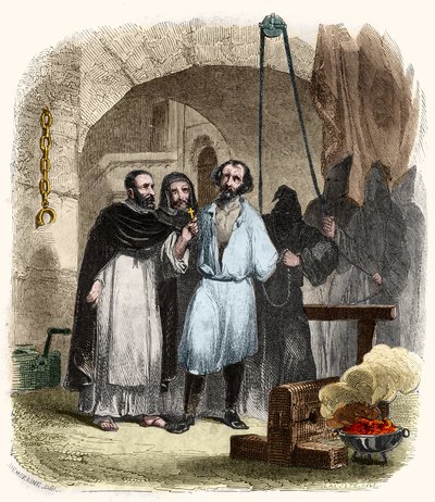 A questão da corda no século XVI. Ilustração em "Mysteres of the Inquisition and Other Secret Societies of Spain" de Victor de Fereal, Suberwick, Manuel Galo de Cuendias. Publicado por P. Boizard de Anonymous Anonymous