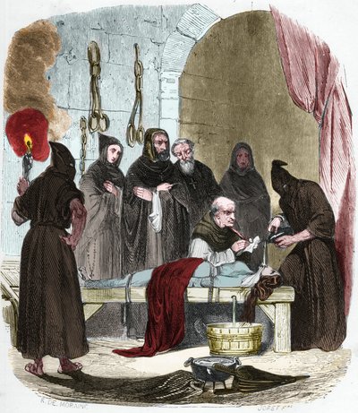 A questão da água: Pedro (Pierre) de Arbues (1441/1442 - 1485) interroga sob tortura uma jovem que alegadamente induziu sua irmã a recorrer ao luteranismo. Amarrada por cordas, a água é despejada num pano que é empurrado para o fundo da garganta. de Anonymous Anonymous