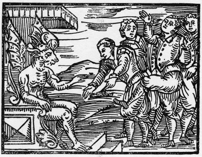 Os feiticeiros prestam homenagem ao diabo - "Compendium Maleficarum", trata das bruxas, do seu mal e dos seus institutos por Francesco Maria Guazzo ou Guaccio ou Guaccius (15??? -16???) 1608 Coleção Privada de Anonymous Anonymous