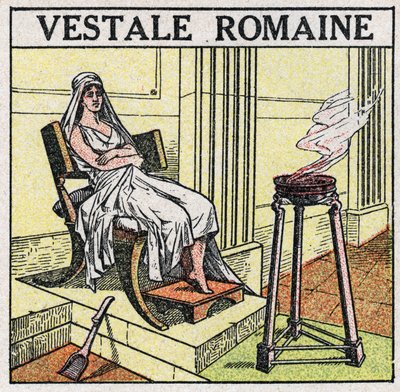 As fontes de luz: uma vestal no Império Romano para manter um fogo sagrado que nunca deve ser extinguível. Ilustração anónima de 1925. Coleção privada. de Anonymous Anonymous