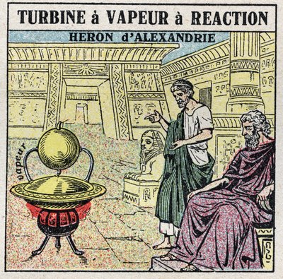 A máquina a vapor: uma turbina a vapor de reacção. Eolipyle inventada pela garça grega de Alexandria (ou Heron The Elder) no século I dC. Ilustração anónima a partir de 1925. Coleção particular. de Anonymous Anonymous