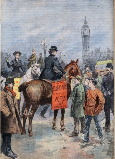 As sufragistas percorrem a cidade de Londres a cavalo. Gravura do jornal "Le Petite Parisien". de Anonymous Anonymous