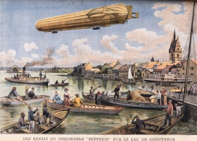Os testes do dirigível Zeppelin no Lago Constança, na Alemanha. Gravura do jornal "Le Peute Parisien", em 2/08/1908. Coleção privada. de Anonymous Anonymous