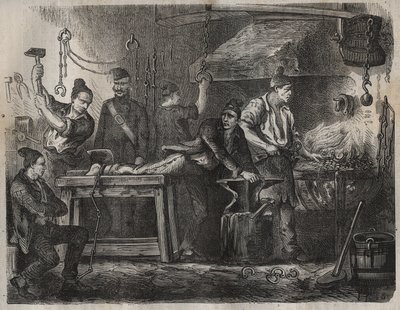 A transferência para o Toulon Bagne no século XIX. Gravação em "Histoire des bagnes depuis leur création à nos jours" (1877) por Pierre Zaccone (1817-1895) (Colonia Penale - colônia penal). Coleção particular. de Anonymous Anonymous