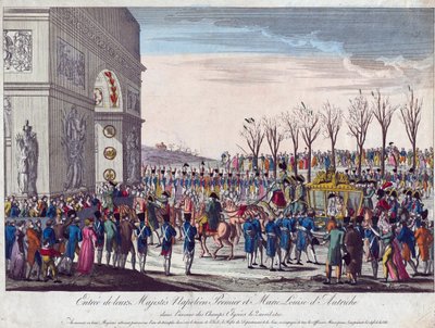 A procissão de casamento de Napoleão e Marie-Louise ao longo dos Campos Elíseos em 2 de Abril de 1810 - Anónimo - 1810 - Gravura, aguarela - 35,3x45,7 - Colecção Privada de Anonymous Anonymous