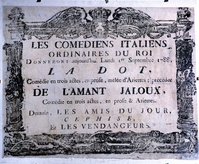 Cartaz de teatro apresentando a peça "O ponto" e "O amante ciumento" apresentado por comediantes italianos, 01/09/1788. Paris. Museu Carnavalet de Anonymous Anonymous