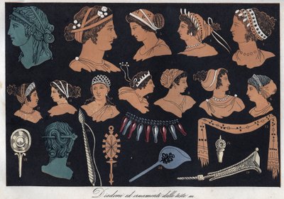 Tiaras e ornamentos de cabeças na Grécia antiga - gravura de "Usos e Costumes de Todos os Povos do Universo". Ou melhor, a história do governo, das leis, das milícias, da religião de todas as nações desde os tempos mais remotos até aos nossos dias" 1856 de Anonymous Anonymous