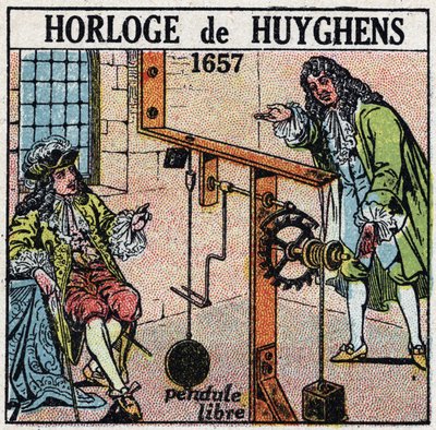 Tempo: relógio um pêndulo livre inventado por Christiaan Huygens (1629-1695) em 1657. Ilustração anônima de 1925. Coleção privada. de Anonymous Anonymous