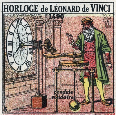 Tempo: relógio de peso inventado por Leonard de Vinci (Leonardo da Vinci) (1452-1519) em 1490. Substitui o folheto por um equilíbrio vertical. Ilustração anónima a partir de 1925. Coleção particular. de Anonymous Anonymous