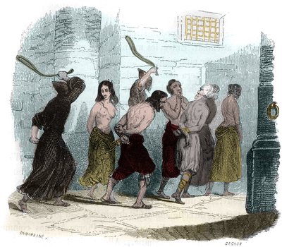 Tortura durante a Inquisição em Espanha, no século XVI: O tormento do chicote. Ilustração em "Mysteres of the Inquisition and Other Secret Societies of Spain" de Victor de Fereal, Suberwick, Manuel Galo de Cuendias. Publicado por P. Boizard de Anonymous Anonymous