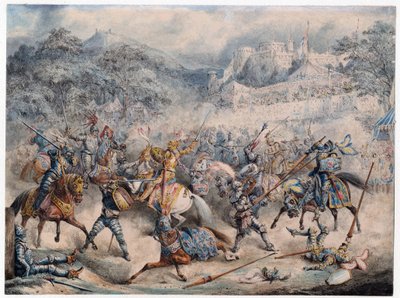Tournoi (Idade Moyen) - Torneio de cavaleiros montados - Anónimo - 1840 - Litografia a cores - 20,3x30,5 - Colecção Privada de Anonymous Anonymous