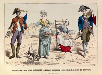 Comerciante de guarda-chuva, comerciante de flores, escultor de colchões e de foles em Paris no século XVIII - Vendedor de guarda-chuva, vendedor de flores, escultor de colchões e de foles em Paris no século XVIII - coleção particular de Anonymous Anonymous