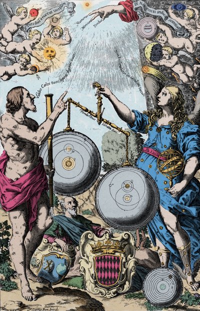 Urania, a Musa da Astronomia representada na frente de Argus, segurando um telescópio. Eles pesam e comparam o sistema de Copérnico (esquerda) e o de Jesuite Giovanni Riccioli inspira-se no de Tycho Brahe (que combina as visões geocêntricas de Ptoleme de Anonymous Anonymous