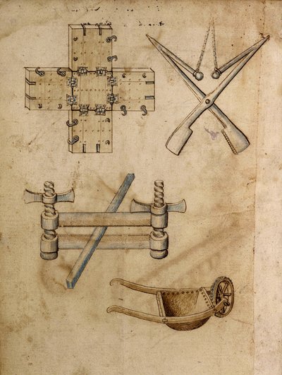 Vários objectos de engenharia, incluindo um carrinho de mão - Manuscrito: folha de pergaminho de um manual de engenharia para a construção de edifícios civis, religiosos e militares, anónimo, finais do século XV (figura em tinta chinesa) de Anonymous Anonymous