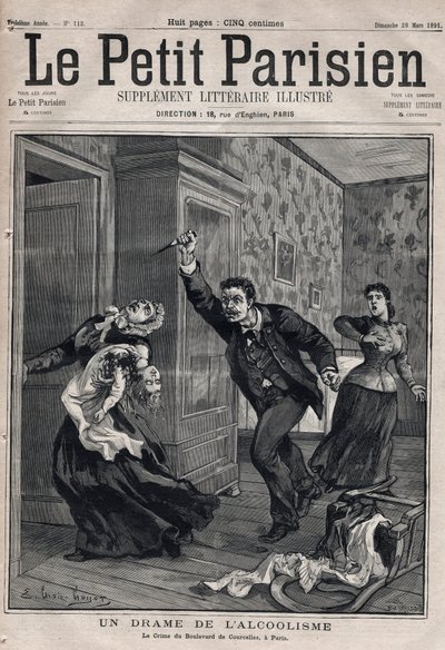 Vários fatos: um drame do alcoolismo - Le crime du Boulevard de Courcelles em Paris - Gravura em "Le petit Parisien" de 1891 - Privee de coleção de Anonymous Anonymous