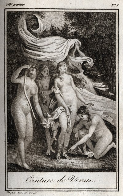 Cinto Venus: Enquanto a batalha continua a beneficiar os troianos, Junon usa o cinto de Vénus para encantar Júpiter, e dormir para o pôr a dormir. Gravura de 1819 em "Lettres a Emilie sur la mythologie" de Charles Albert Demoustier (1760-1801). Coleção par de Anonymous Anonymous