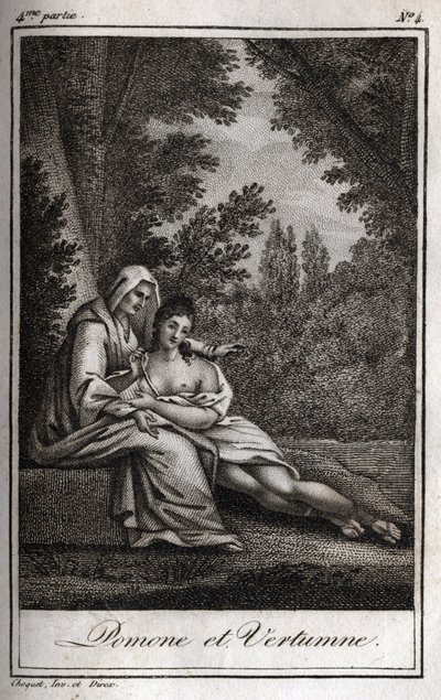 Vertumne e Pomone (Júpiter e Ceres): Vertumne, apaixonada pela ninfa Pomone, disfarça-se de mulher velha para se aproximar dela. Gravura de 1819 em "Lettres a Emilie sur la mythologie" de Charles Albert Demoustier (1760-1801). Coleção particular. de Anonymous Anonymous