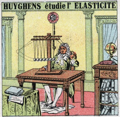 Movimentos vibratórios: Christiaan Huygens (1629-1695) estuda a elasticidade do material através da observação de contas de marfim. Ilustração anônima de 1925. Coleção privada. de Anonymous Anonymous
