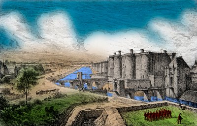 Vista da Bastilha com as suas paredes circundantes sob o Rei Carlos V, o Sábio (1338-1380), Gravura, Colecção Privada de Anonymous Anonymous