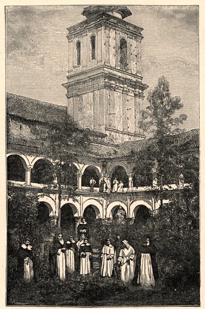 Vista do Convento Dominicano em Quito, Equador. Gravura em "Les Missions Catholiques au XIXeme Siecle" de Louis-Eugene (Louis Eugene) Louvet. coleção particular. de Anonymous Anonymous