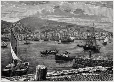 Vista da ilha de Syra, na Grécia. Gravura em "Les Missions Catholiques au XIXeme Siecle" de Louis-Eugene (Louis Eugene) Louvet. coleção particular. de Anonymous Anonymous