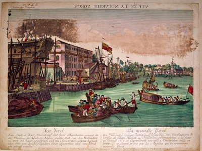 Vista do porto da cidade de Nova Iorque (Nova Iorque) nos Estados Unidos, à esquerda um estaleiro naval. A foz do rio Hudson e da ilha de Manhattan. Gravura do século XVIII. Coleção particular de Anonymous Anonymous