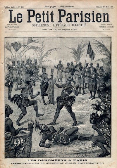 Exercícios de guerra: Amazonas, guerreiros e feticheurs dahomeens (agora Benin) do jardim da aclimatação em Paris (Jardim Zoológico Humano). Gravura em "Le petit Parisien", de 1891. Colecção privada. de Anonymous Anonymous