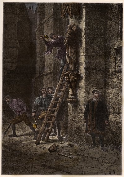 Guerra das Religiões - Iconoclasme - Destruição de objetos sagrados pelos hereges (protestantes) no século XVI na França - Iconoclastas hereges na França - Fúria Iconoclasta - Protestantes Destruem Imagens de Maria e do Cristo-Criança - gravura de "L