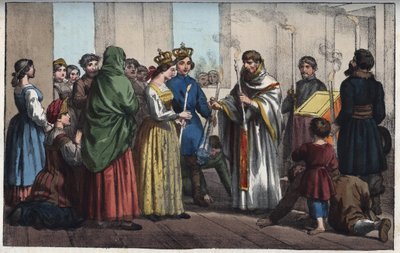 Casamentos na Rússia no século XVIII - gravura de "Hábitos e Costumes de Todos os Povos do Universo". Ou História do governo, leis, milícias, religião de todas as nações desde os tempos mais remotos até aos dias de hoje" 1856 de Anonymous Anonymous