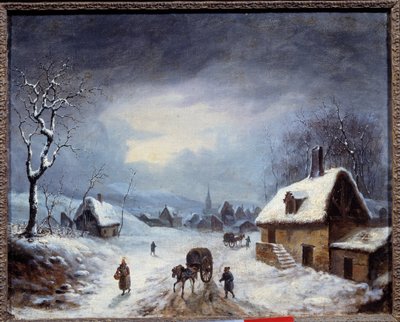 Paisagem de Inverno. Uma carruagem em uma estrada coberta de neve. Uma pintura anónima. Colecção privada do século XIX. de Anonymous Anonymous