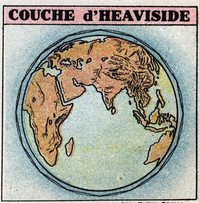 Telegrafia sem fios: A camada Heaviside, uma camada do atmospere terrestre contendo electrões, tem um estado mais ou menos livre. Ilustração anônima de 1925. Coleção privada. de Anonymous Anonymous