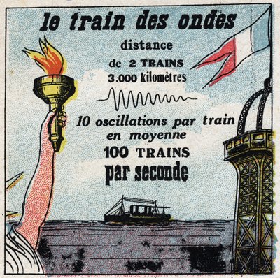 Telegrafia sem fios: o comboio das ondas. Entre Paris e Nova Iorque, nunca há mais do que duas ondas. Ilustração anônima de 1925. Coleção privada. de Anonymous Anonymous