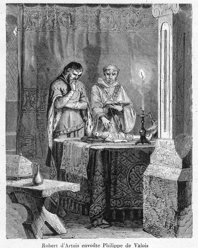 Bruxaria e magia negra: "O Senhor Robert III de Artois (1287-1342) encantando João de Valois (João II, conhecido como João o Bom), filho do Rei Filipe VI, sobre um boneco de cera à sua imagem (vudu) de Anonymous Anonymous