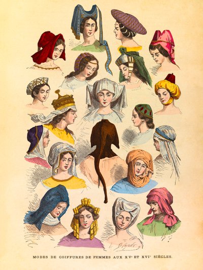Penteados femininos nos séculos XV e XVI, gravura - coleção particular de Anonymous Anonymous