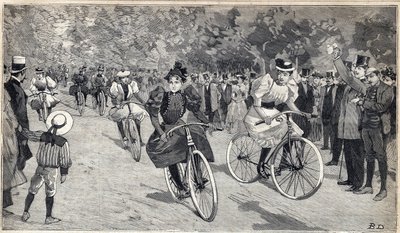 A raça feminina de velocipedistas no Bois de Boulogne, perto de Paris. Gravura no "Le Petit Parisien" em 25/06/1893. de Anonymous Anonymous