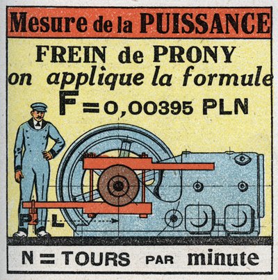 Trabalho e potência: medição da potência com freio Prony. Ilustração anónima a partir de 1925. Colecção privada. de Anonymous Anonymous