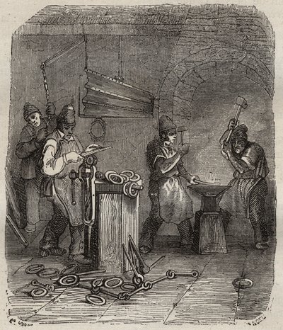 Forças operárias no Rochefort Bagne, no século XIX. Gravação em "Histoire des bagnes depuis leur création à nos jours" (1877) de Pierre Zaccone (1817-1895) (Colonia Penale - colônia penal). Coleção particular. de Anonymous Anonymous