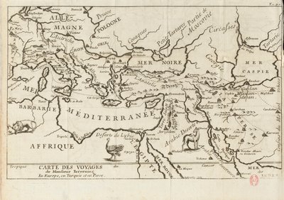 Mapa das Viagens de Tavernier na Europa, Pérsia, Turquia, século XVII. de Anonymous master.