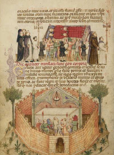 A transladação dos corpos de Aimo e Vermondo; o povo de Milão rezando no altar onde estão enterrados Aimo e Vermondo de Anovelo da Imbonate