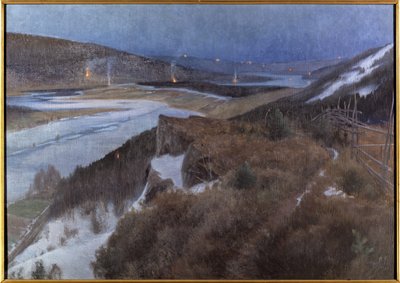 Nuit de Walpurgis a Bergslagen - Noite de Walpurgis em Bergslagen, Grangaerde em Dalarna, por Schultzberg, Anshelm Leonard (1862-1945). Óleo sobre tela de Anshelm Schultzberg