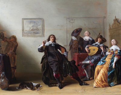 Um interior com cinco figuras elegantes à volta de uma mesa, uma delas a tocar alaúde de Anthonie (1601-73) Palamedesz