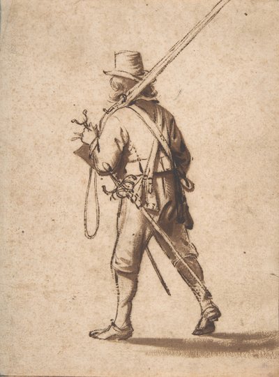 Um mosqueteiro ambulante, visto de trás, século XVII. de Anthonie Palamedesz