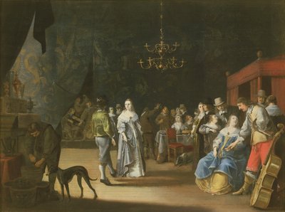 O Banquete, um casal dançando com festa e deleitando-se ao fundo de Anthonie Palamedesz