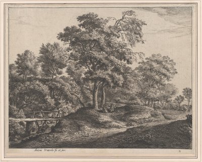Camponesa e filha numa pequena ponte de madeira, século XVII. de Anthonie Waterloo