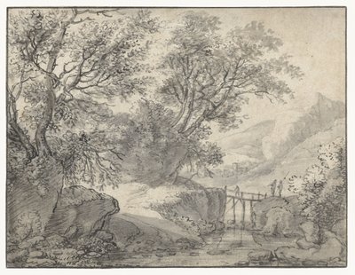 Paisagem de montanha com árvores e uma ponte sobre um riacho de Anthonie Waterloo